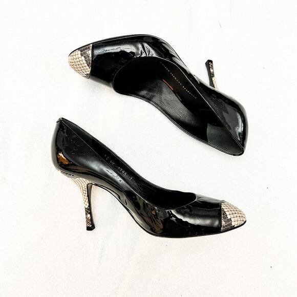 Giuseppe Zanotti Black Patent Leather Heels Snakeskin Round Cap Toe Size  40 - Picture 2 of 8
